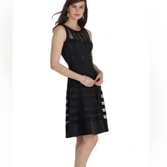 Sleeveless Banded Cocktail Dress Shape Midi Polka Dot Mesh, Black, SZ 00 - Picture 2 of 8